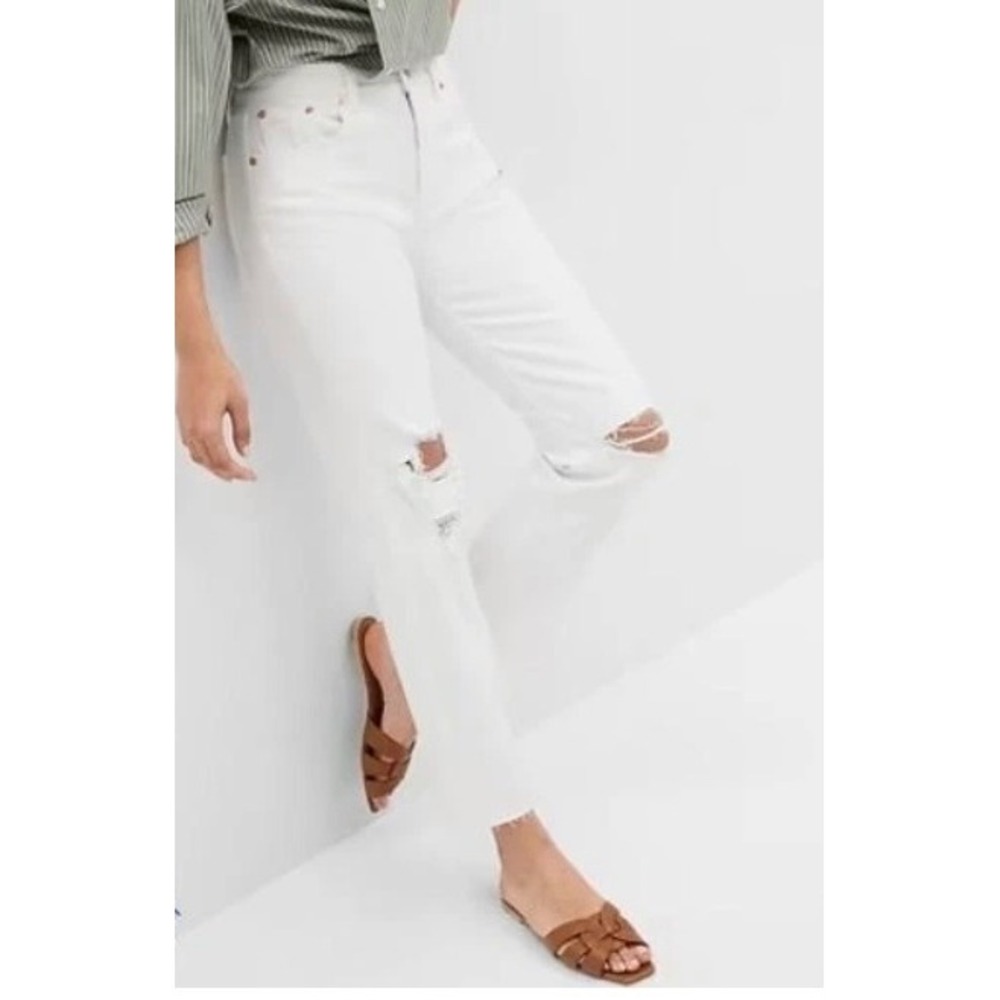 GAP High Rise Cheeky Straight Distressed Jeans White Raw Hem 32/14 Tall